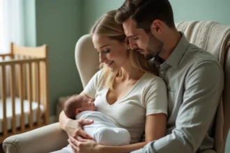 Père soutenant la mère qui allaite son nouveau-né dans une chambre de bébé apaisante, illustrant le rôle du co-parent pendant les pics de croissance
