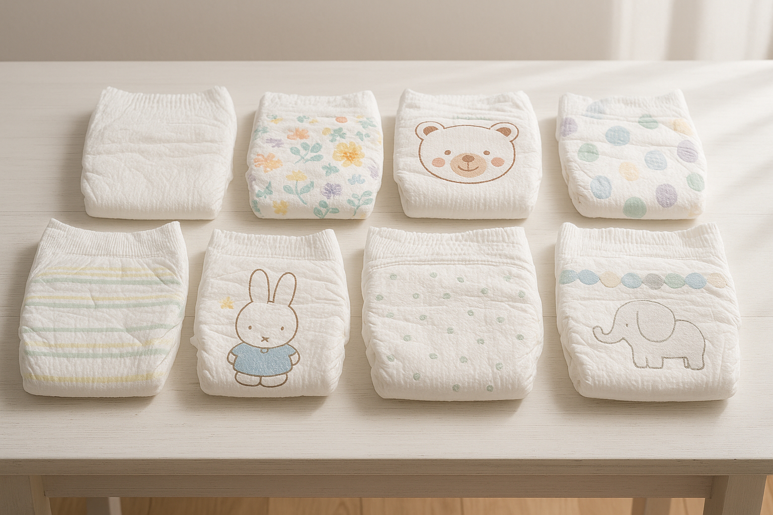 Collection de couches pour bébé sur une table en bois blanc