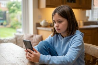Jeune collégienne de 6ème examinant un smartphone Android à la table de la cuisine familiale
