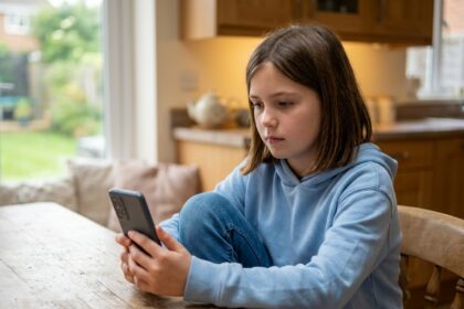 Jeune collégienne de 6ème examinant un smartphone Android à la table de la cuisine familiale
