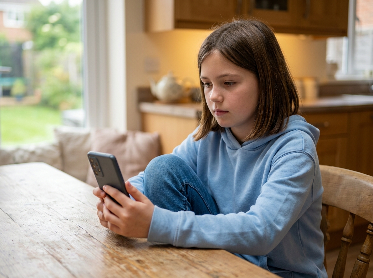 Jeune collégienne de 6ème examinant un smartphone Android à la table de la cuisine familiale
