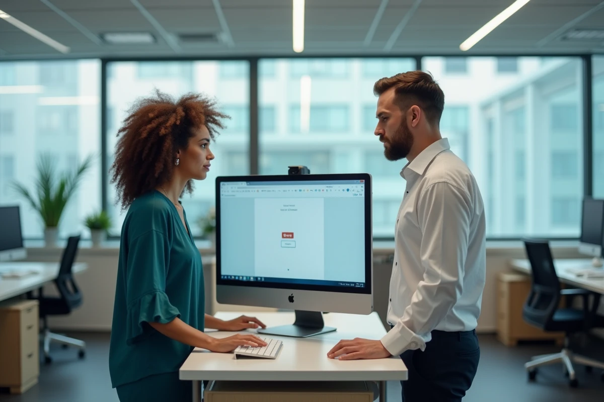 Deux collègues en bureau médical observant un écran d'ordinateur affichant une erreur de connexion au portail Medisys