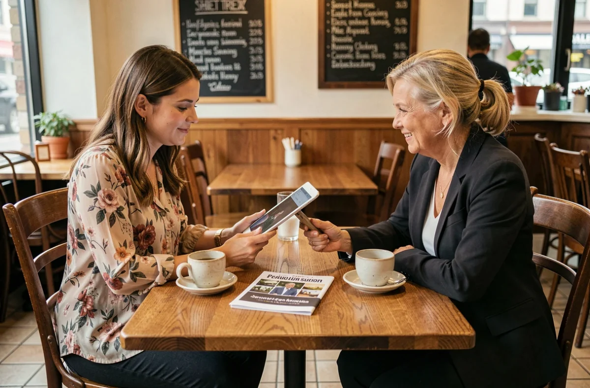 Deux femmes comparant des portfolios de photographes sur une tablette dans un café