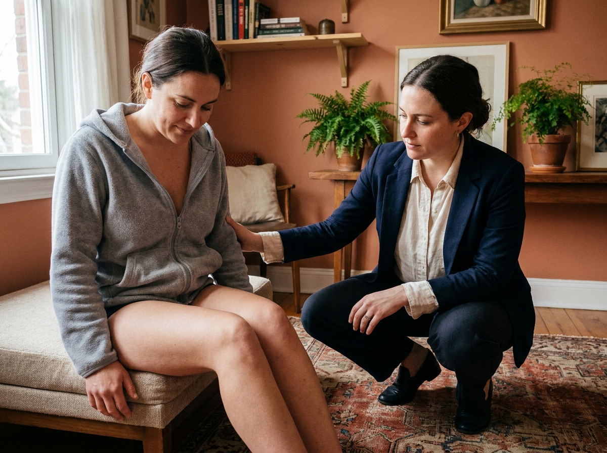 Consultante en lactation accompagnant une nouvelle mère dans son parcours d'allaitement après un accouchement difficile, séance de soutien à domicile