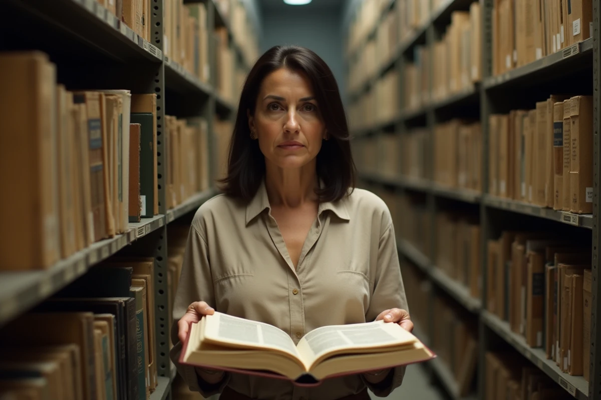 Femme consultant des archives de presse dans une bibliothèque historique pour retracer des origines familiales et biographiques