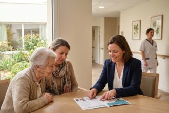 Une coordinatrice de soins explique les options d'hébergement à une famille dans un EHPAD moderne à Nantes