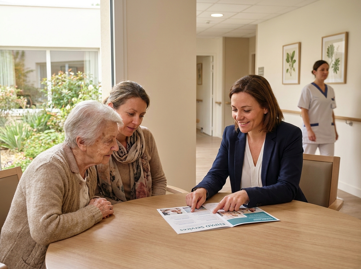 Une coordinatrice de soins explique les options d'hébergement à une famille dans un EHPAD moderne à Nantes