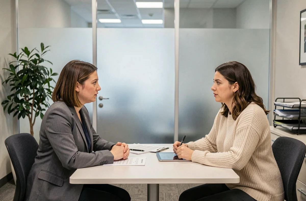 Consultation juridique entre une mère et une conseillère sur les droits au congé maternité et à l'allaitement prolongé en milieu professionnel