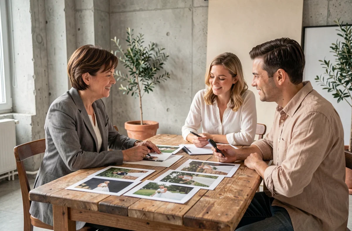 Photographe de mariage toulousaine présentant son portfolio à un couple fiancé lors d'une consultation en studio
