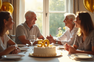 Couple d'anciens souriant lors d'une fête d'anniversaire de mariage