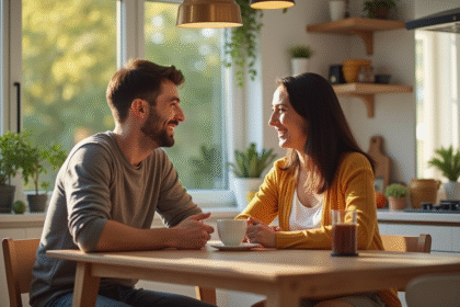 Couple partageant un café au matin dans la cuisine