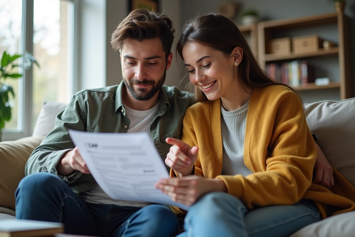 Jeune couple consultant les aides financières disponibles à la CAF sur smartphone et documents imprimés