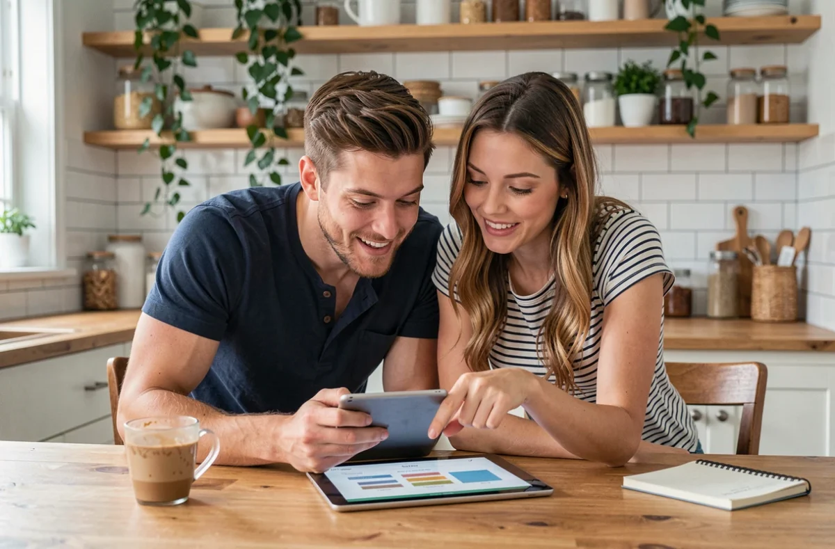 Couple de jeunes parents consultant ensemble une liste de naissance sur tablette dans leur cuisine moderne
