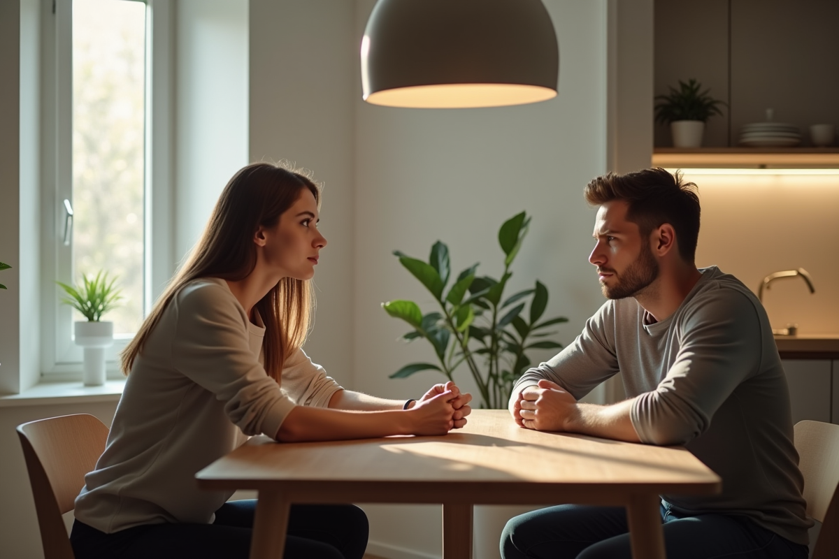 Couple assis à la cuisine avec tension dans leur regard