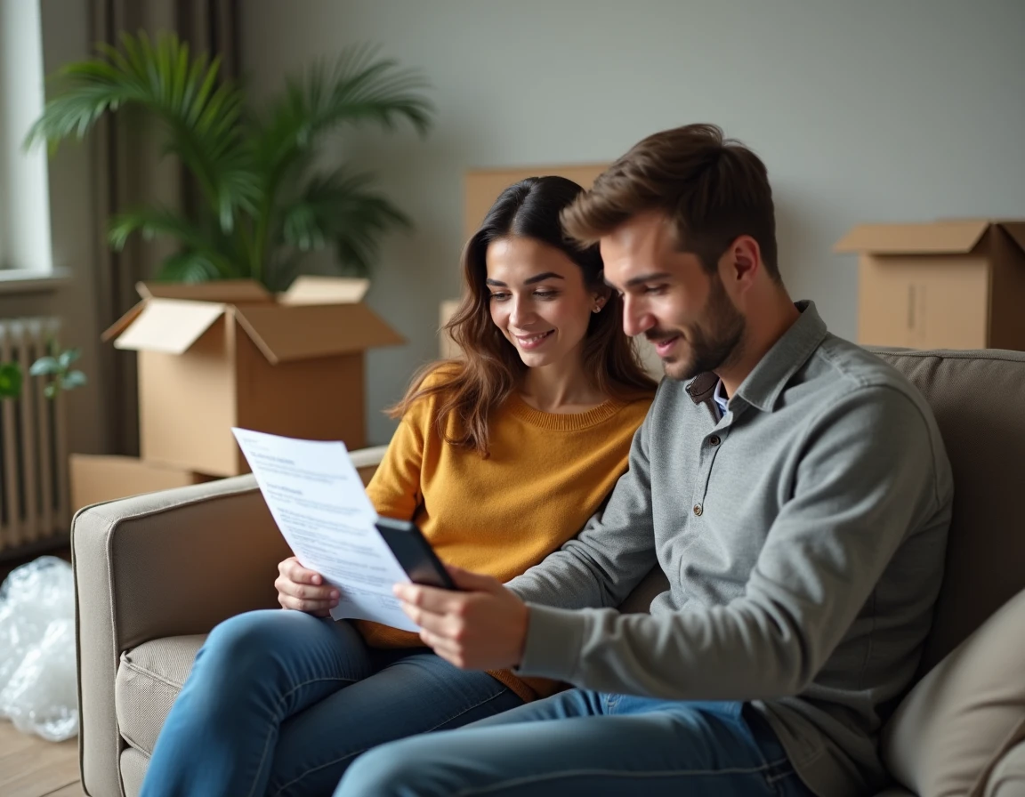 Jeune couple consultant les documents CAF lors d'un déménagement dans un appartement en France