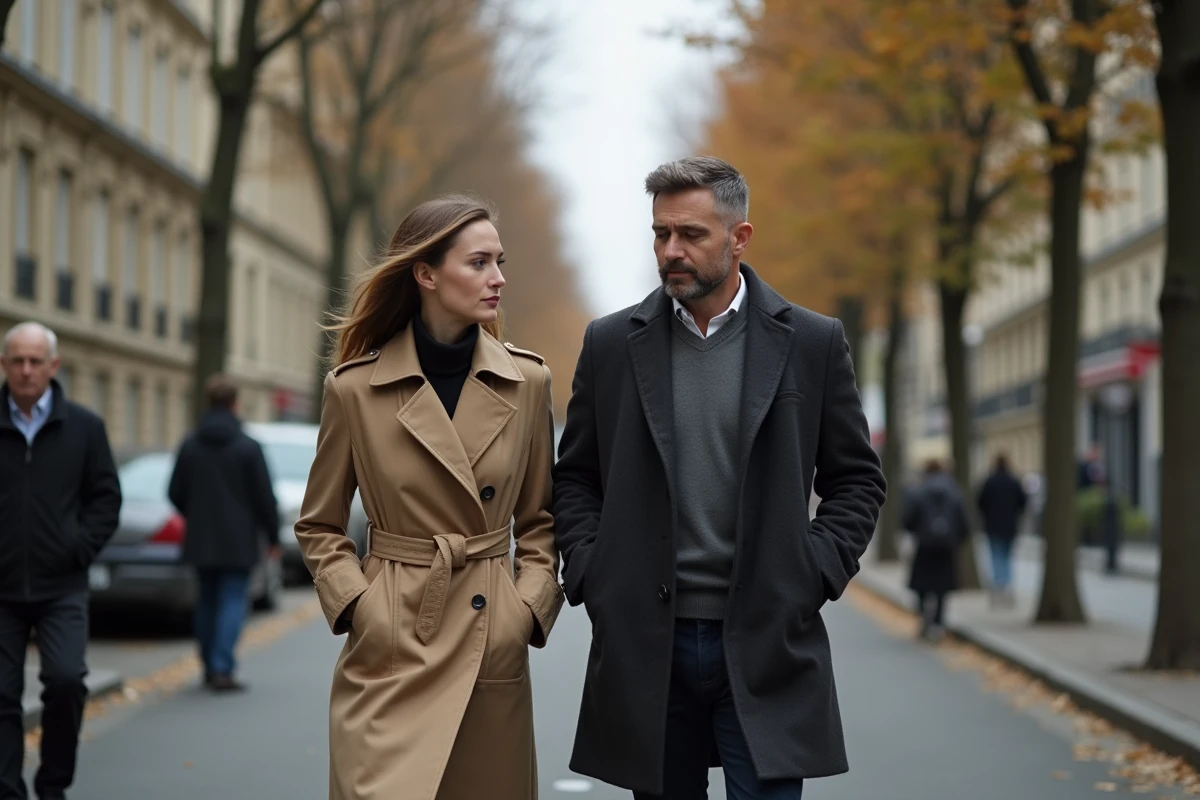 Couple se promenant dans une rue parisienne, contraste entre notoriété publique et discrétion du partenaire