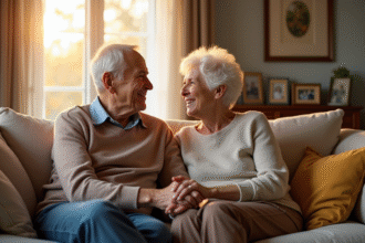 Couple de seniors dans un salon chaleureux souriant