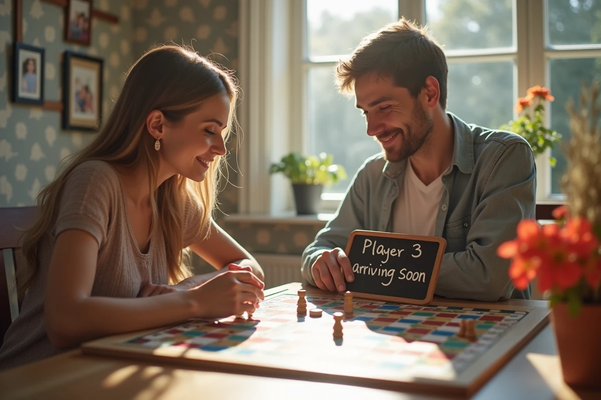 Jeune couple jouant à un jeu de société avec annonce d