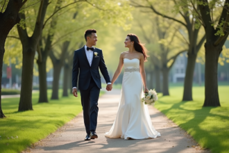 Jeune couple marié dans un parc en printemps