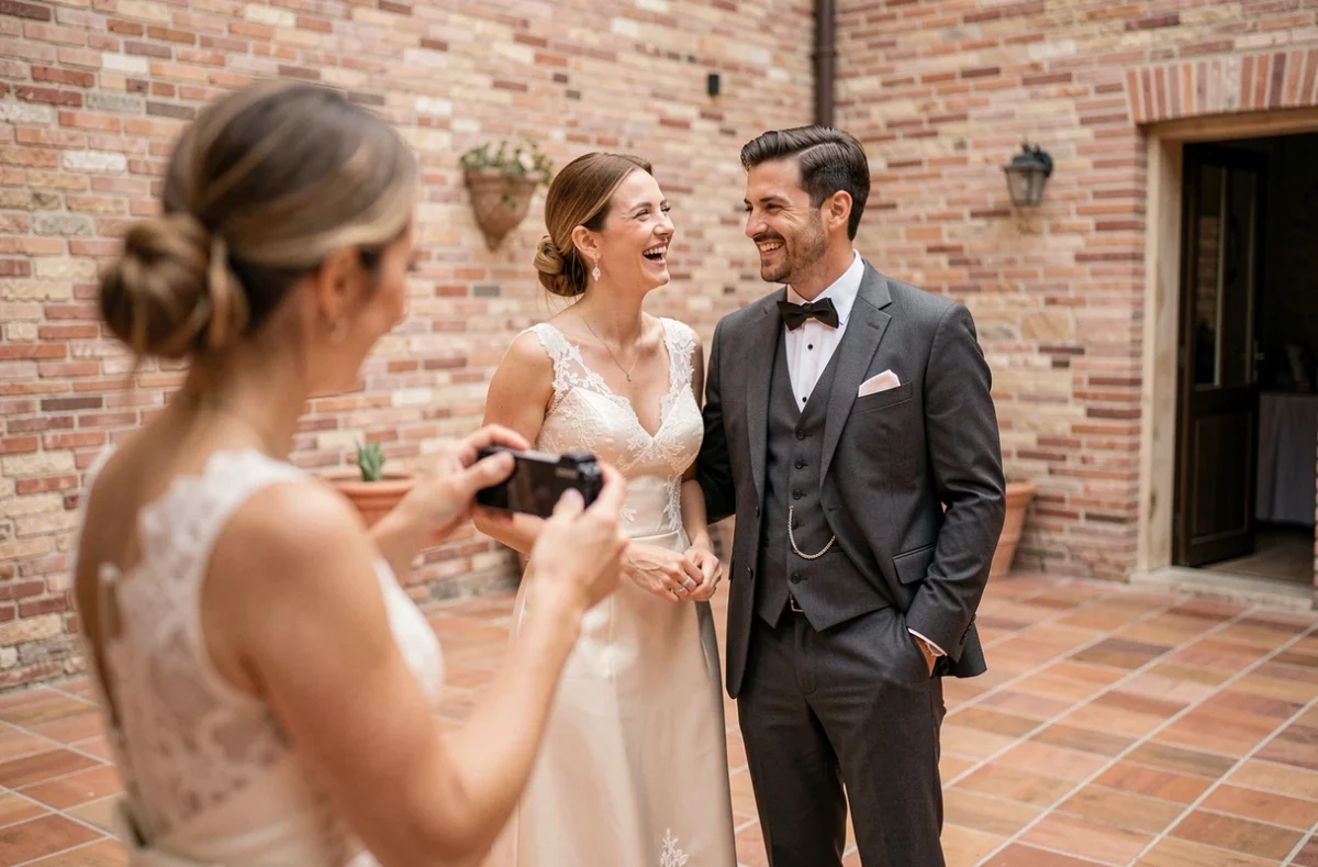 Couple de mariés riant lors de leur réception dans une bastide toulousaine avec une photographe de mariage au premier plan