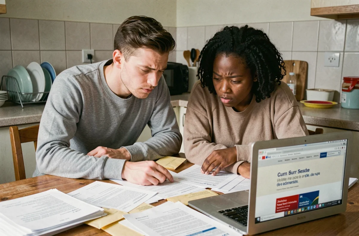 Couple mixte examinant des documents administratifs pour un PACS à la préfecture