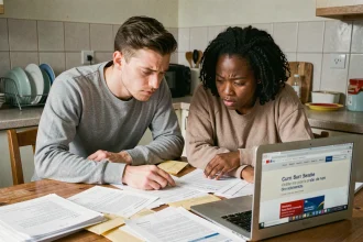 Couple mixte examinant des documents administratifs pour un PACS à la préfecture