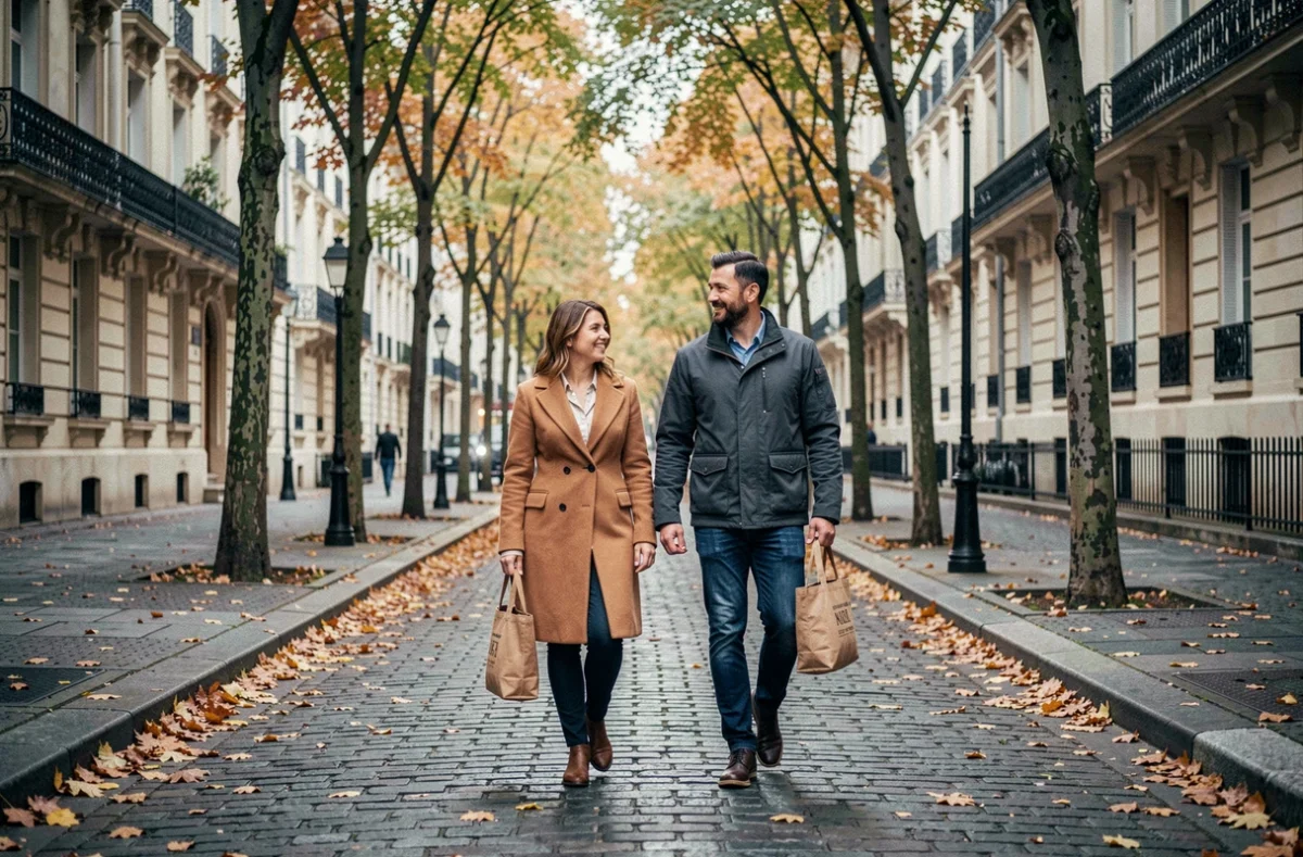 Couple marchant dans une rue parisienne en automne, illustration de la vie quotidienne du mari d'une journaliste