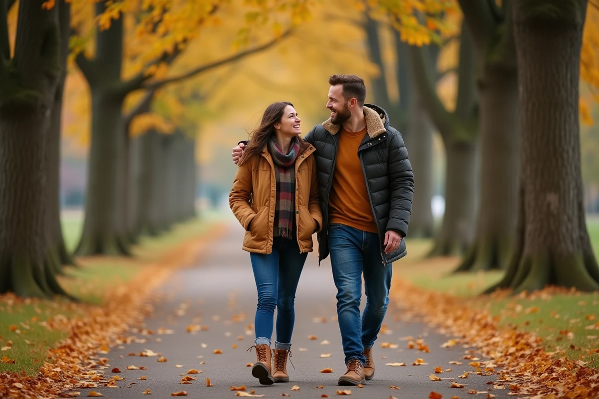 Couple heureux se promenant dans un parc en automne après avoir renforcé leur lien amoureux