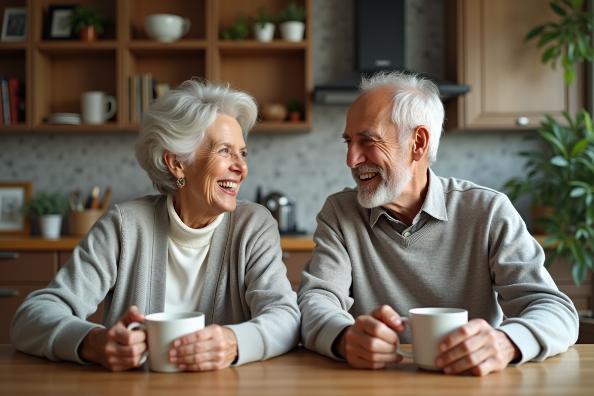 Couple âgé partageant un café dans la cuisine