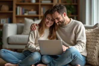 Couple complice regardant ensemble un simulateur de force amoureuse sur un ordinateur portable dans un salon chaleureux