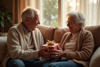 Couple âgé souriant échangeant des cadeaux dans un salon chaleureux