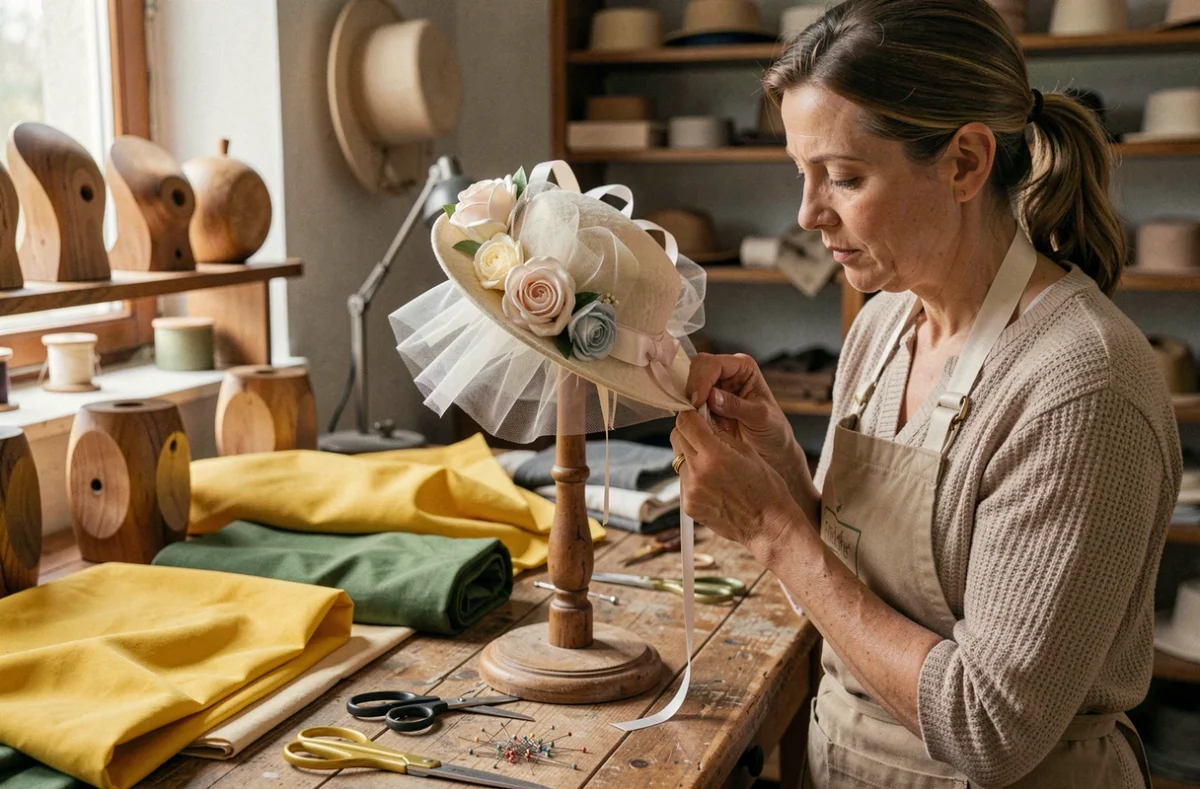 Chapelière confectionnant à la main un bonnet de la Sainte-Catherine dans un atelier de modisterie traditionnel
