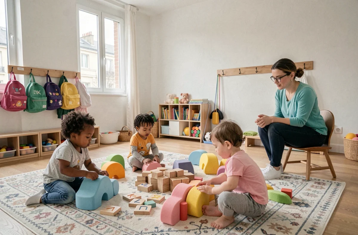 Des enfants jouent avec des puzzles et des formes en mousse dans une crèche collective à Asnières-sur-Seine