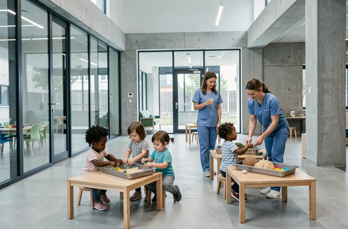 Des enfants en activité sensorielle encadrés par des éducatrices dans une crèche collective à Boulogne-Billancourt