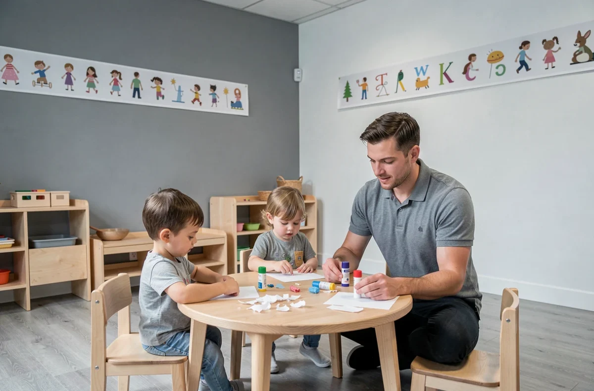 Des enfants réalisent un atelier créatif encadré par un éducateur dans une crèche collective à La Garenne-Colombes