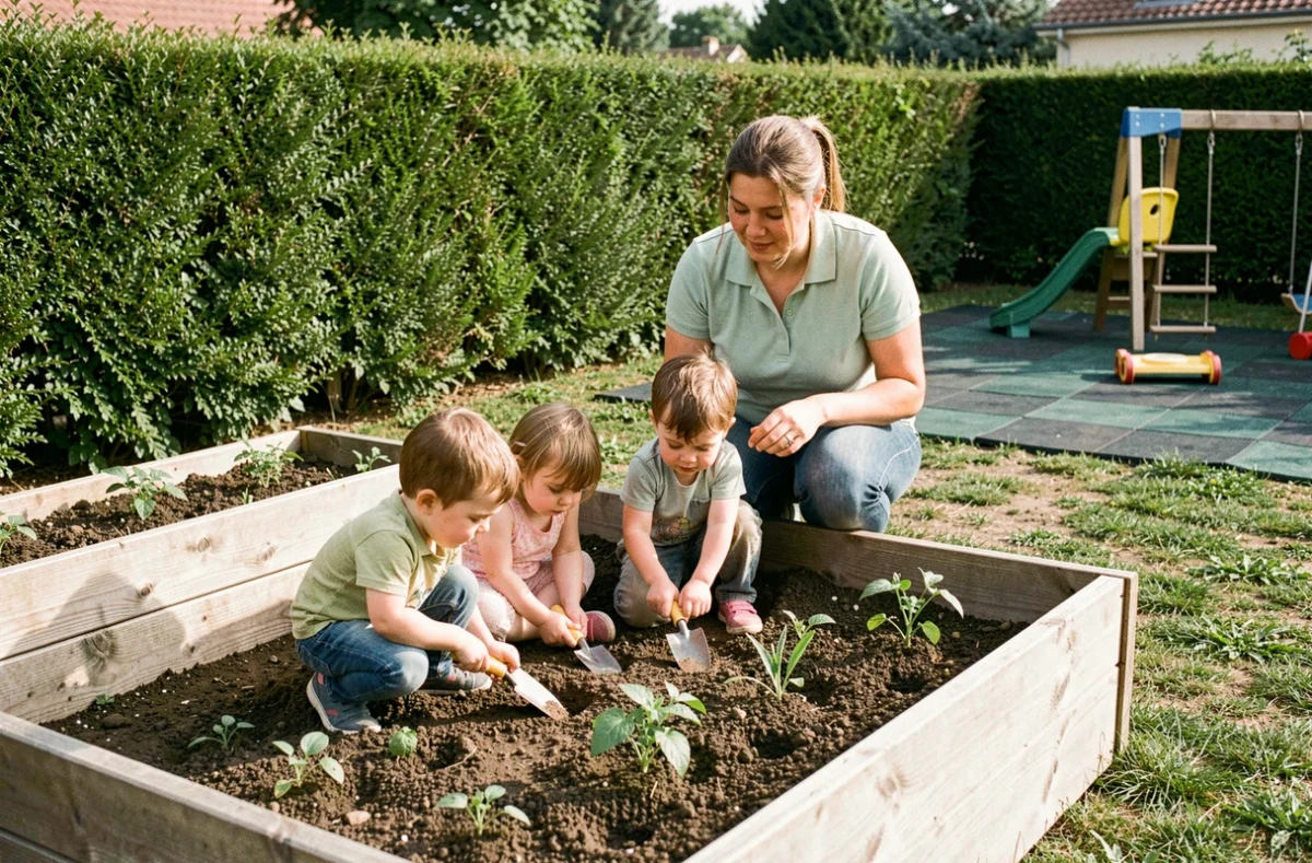Des enfants jardinent dans l'espace extérieur d'une crèche collective à Rueil-Malmaison
