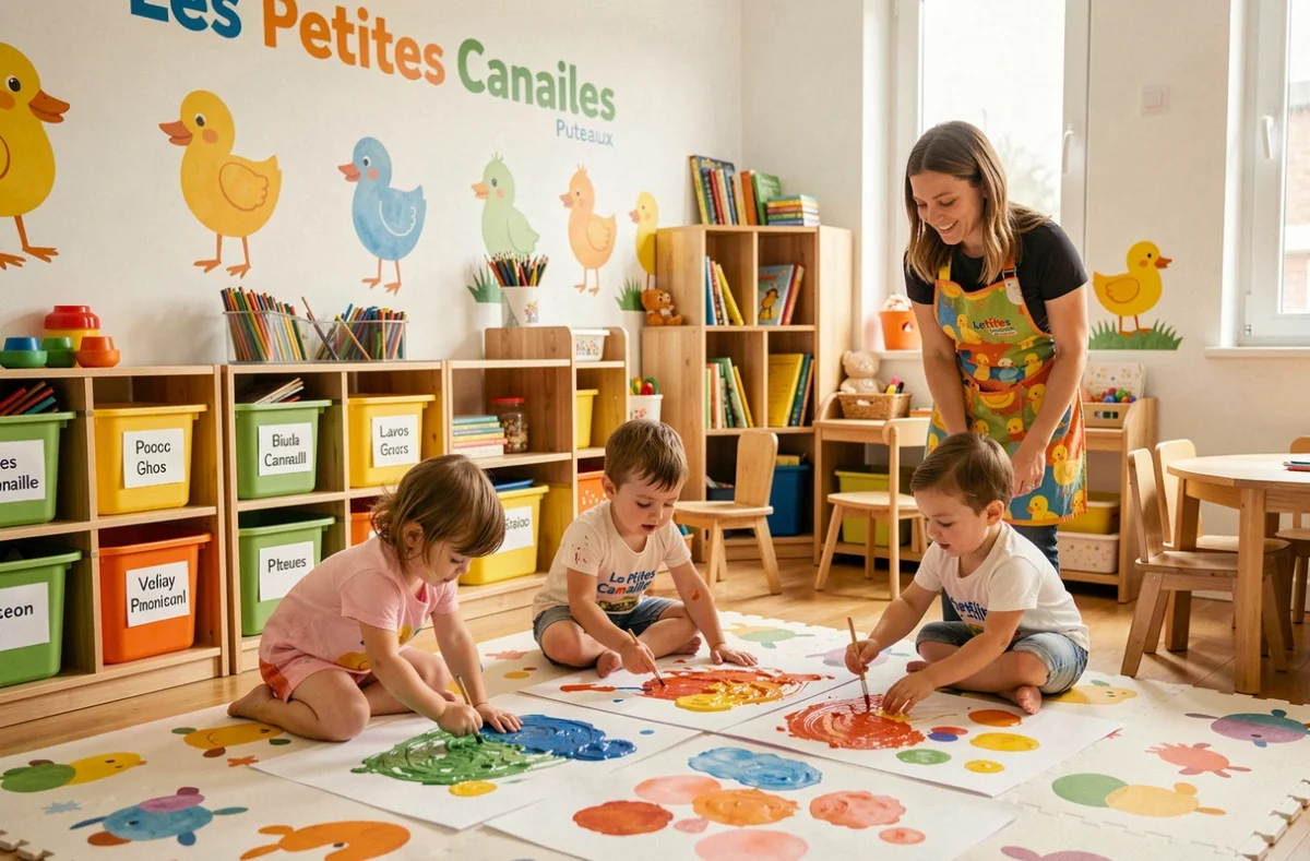 Des enfants font de la peinture aux doigts dans la crèche Les Petites Canailles à Puteaux