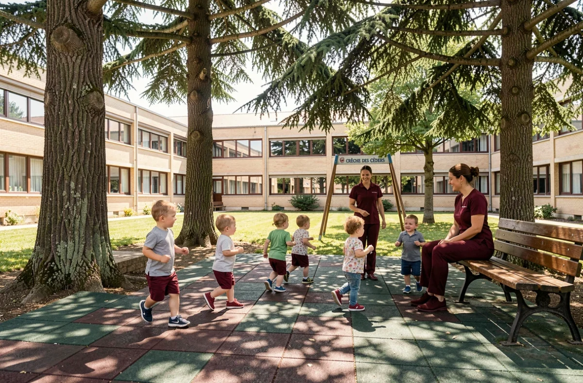 Des enfants jouent en plein air sous les cèdres de la crèche municipale des Cèdres à Puteaux