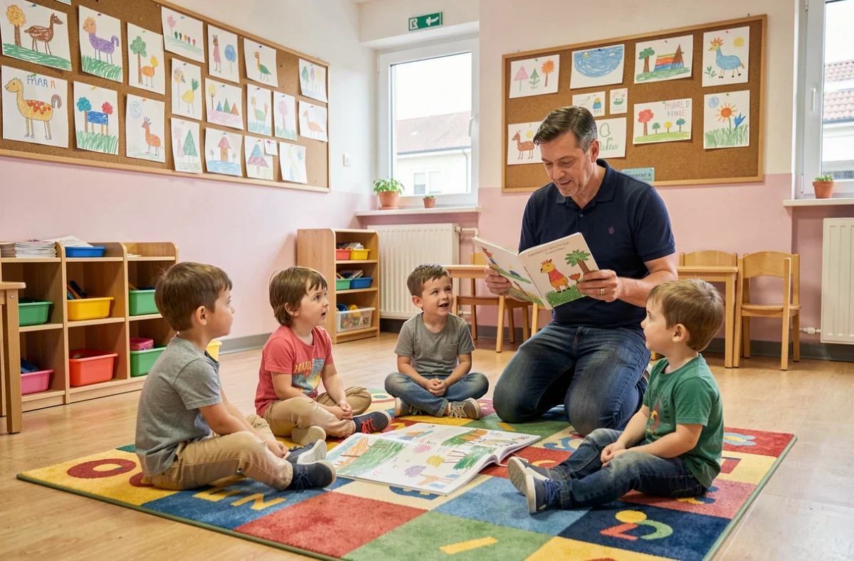 Un professionnel de la petite enfance lit une histoire à un groupe d'enfants dans la crèche municipale de Nanterre