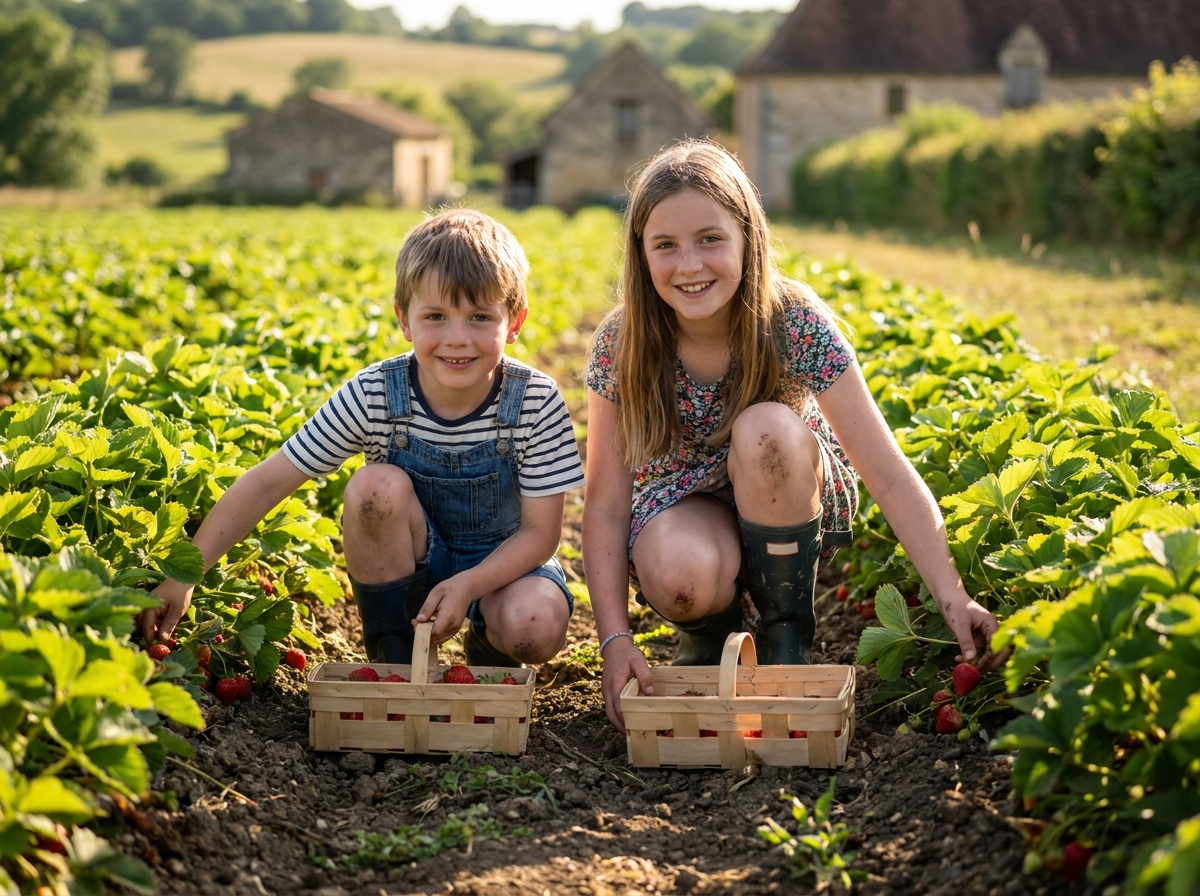 Enfants cueillant des fraises dans une ferme en plein air en Dordogne