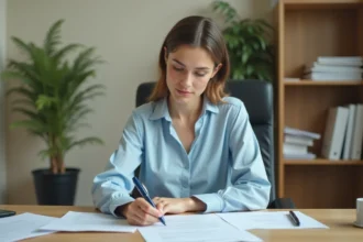 Femme remplissant un formulaire administratif dans une mairie pour obtenir un acte de naissance