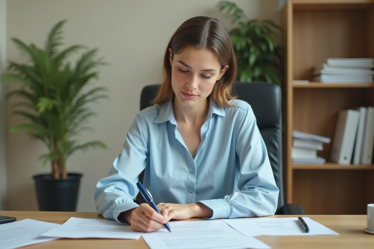Femme remplissant un formulaire administratif dans une mairie pour obtenir un acte de naissance