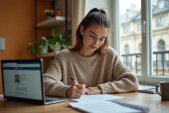 Femme remplissant un dossier de demande d'aide financière CAF à son domicile