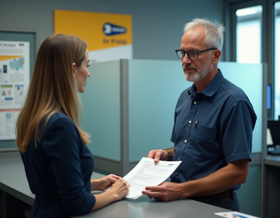 Homme remettant ses documents de changement d'adresse à un guichet de service public en France