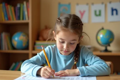 Jeune fille concentrée réalisant un dessin à relier bilingue français-anglais sur une feuille de vocabulaire illustrée, assise à un bureau en bois dans une salle de classe à domicile.