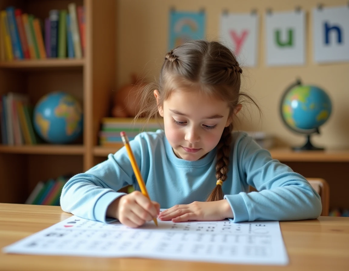 Jeune fille concentrée réalisant un dessin à relier bilingue français-anglais sur une feuille de vocabulaire illustrée, assise à un bureau en bois dans une salle de classe à domicile.
