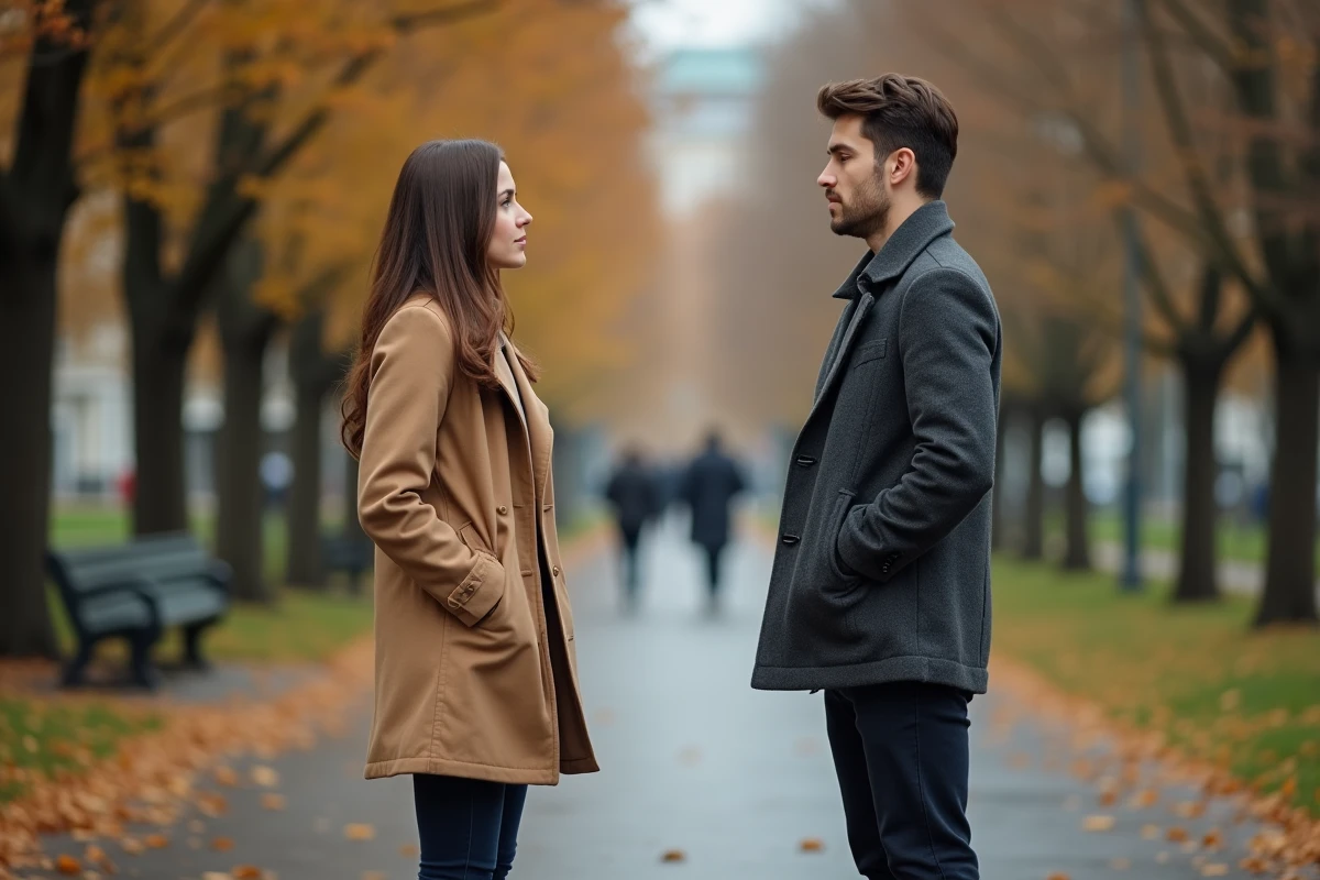 Femme et homme en conversation délicate dans un parc automnal, abordant le sujet de l'engagement en douceur