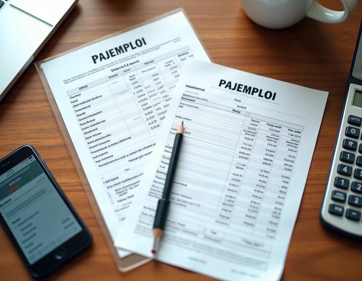 Vue en plongée de documents PAJEMPLOI et feuilles de calcul de salaire annuel pour assistante maternelle sur un bureau organisé