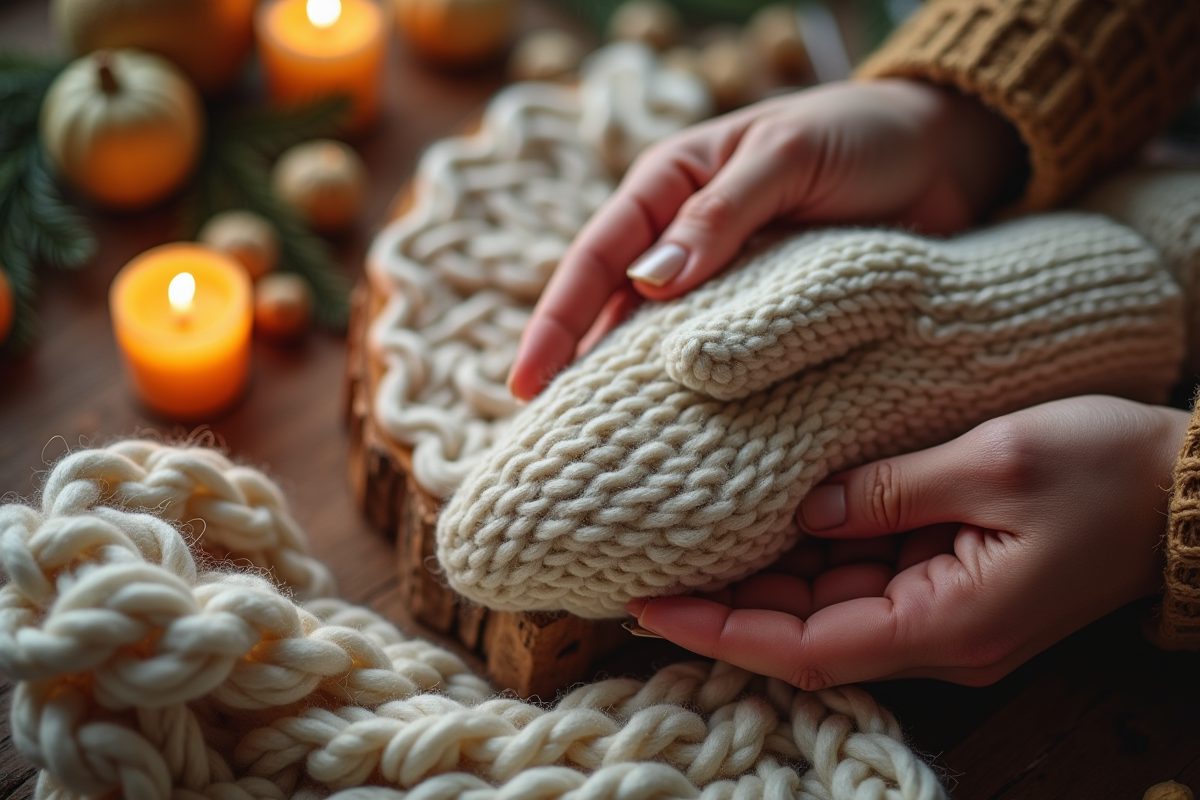 Mains échangeant des cadeaux en laine sur table rustique