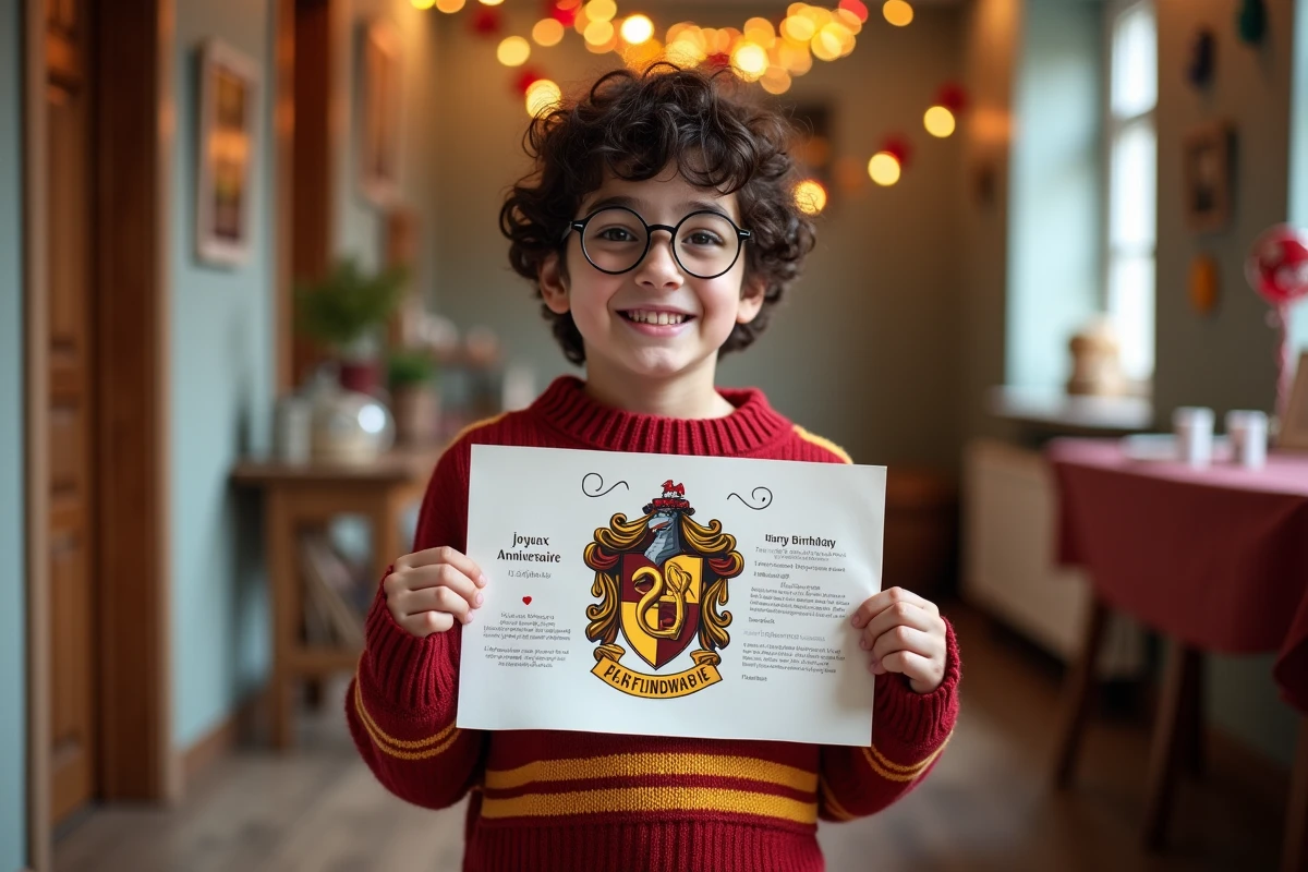Enfant tenant une affiche Harry Potter imprimée pour son anniversaire avec décoration festive